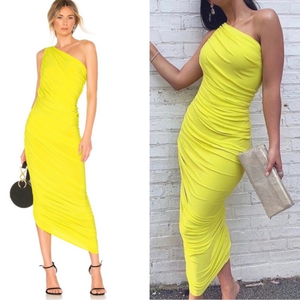 Norma Kamali One-Shoulder Ruched Dress in Bright Yellow